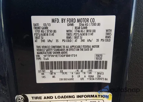 2013 Ford F-150 Xlt из США, поврежденный, VIN 1FTFW1ET3DFB81731